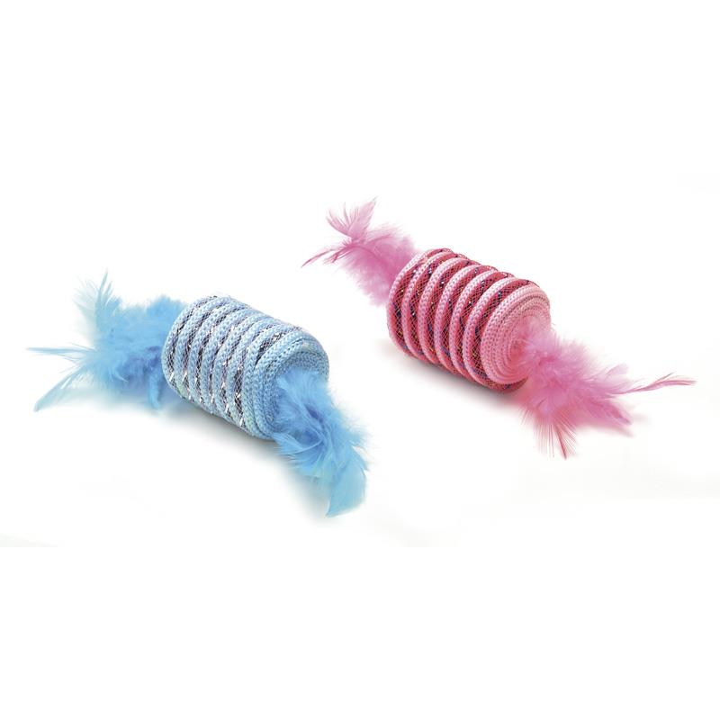 RF Mačja Igrača 2 cilindra s perjem roza in moder 2/1 4x4x5,5 cm